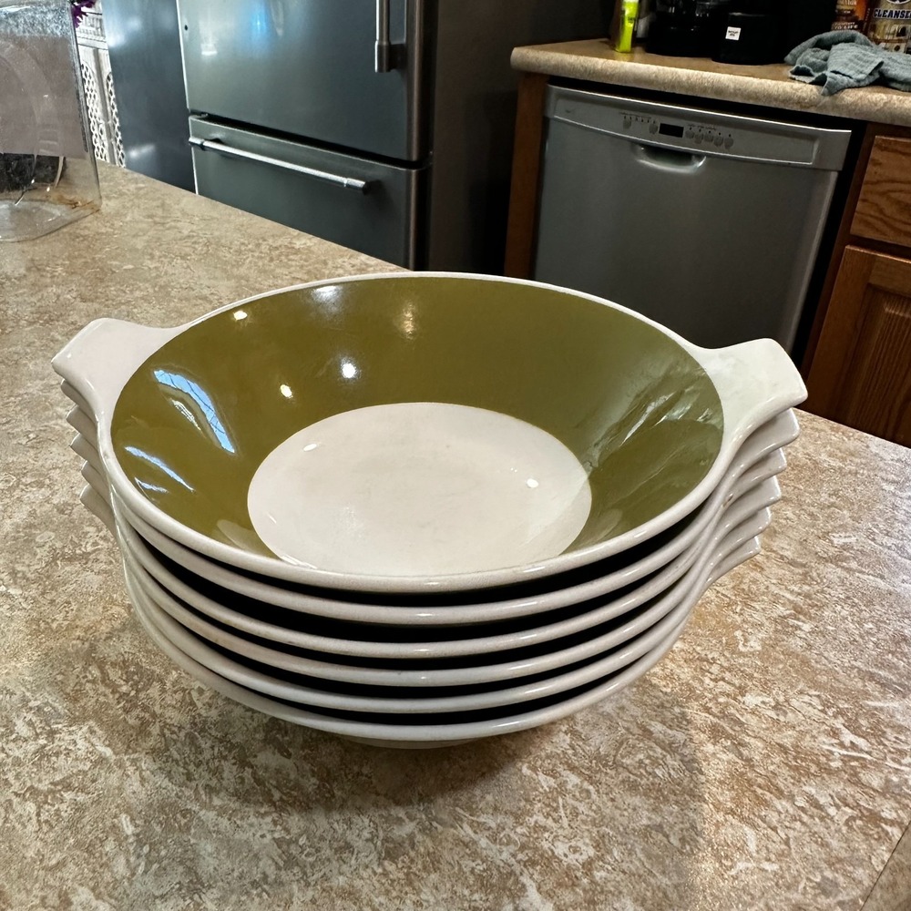 Vintage Mikasa Iron Stone Palmetto Bowls 3306 Set of Six Green & White Japan - Picture 2 of 5
